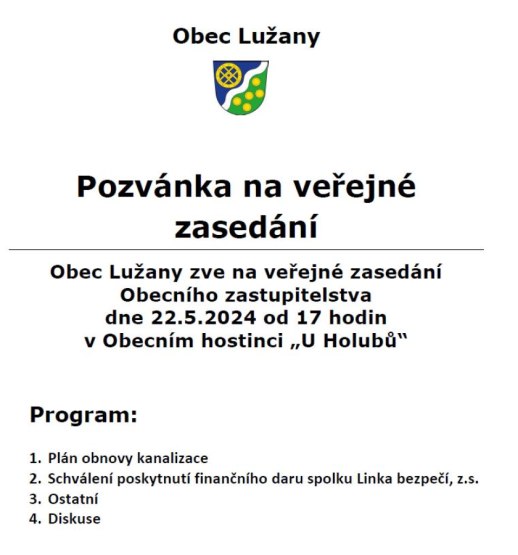 Pozvánka na veřejné zasedání zastupitelstva obce Lužany